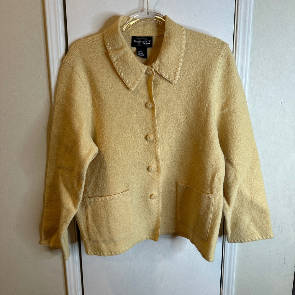 Petite Women Yellow 100% Wool Blanket Stitch Button Up Jacket PL Grandmacore